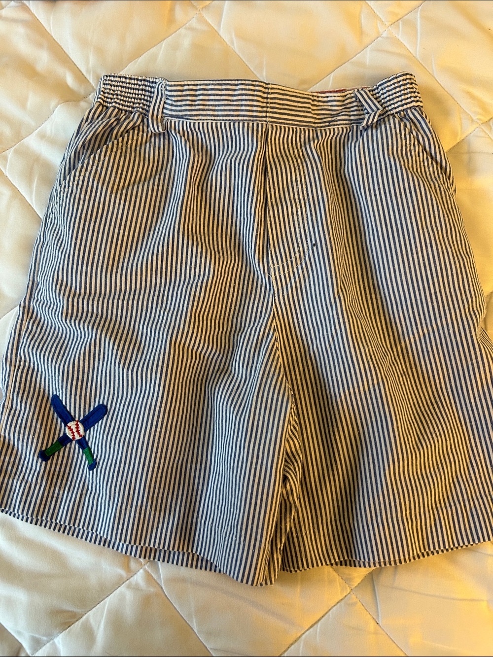 Florence Eiseman Blue and White Seersucker Striped Shorts with Baseball Applique
